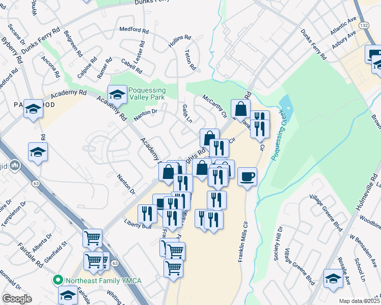 map of restaurants, bars, coffee shops, grocery stores, and more near 12712 Knights Road in Philadelphia