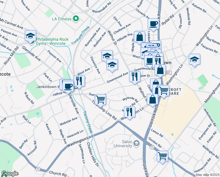 map of restaurants, bars, coffee shops, grocery stores, and more near 217 Summit Avenue in Jenkintown