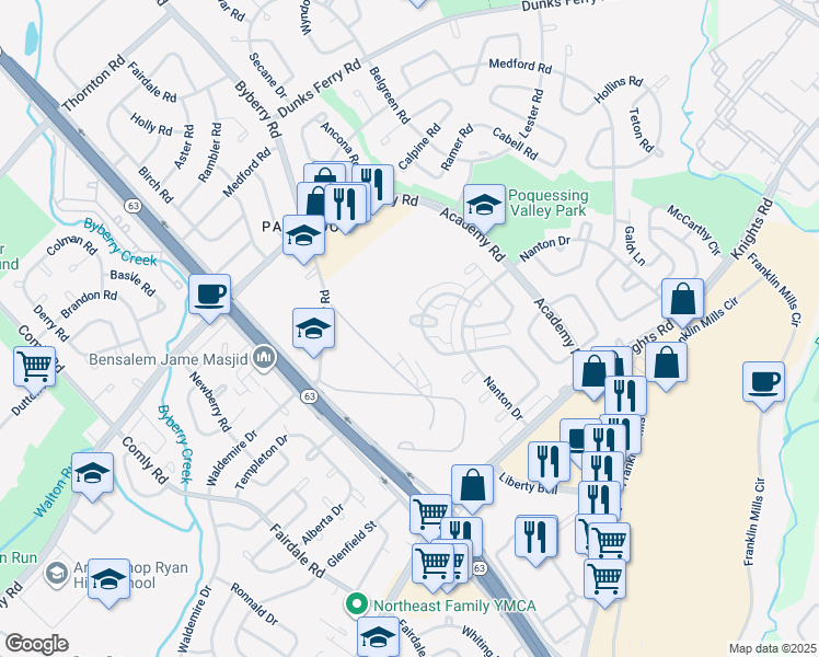 map of restaurants, bars, coffee shops, grocery stores, and more near 3600 Genesee Place in Philadelphia