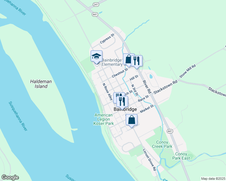 map of restaurants, bars, coffee shops, grocery stores, and more near 128 North 2nd Street in Bainbridge