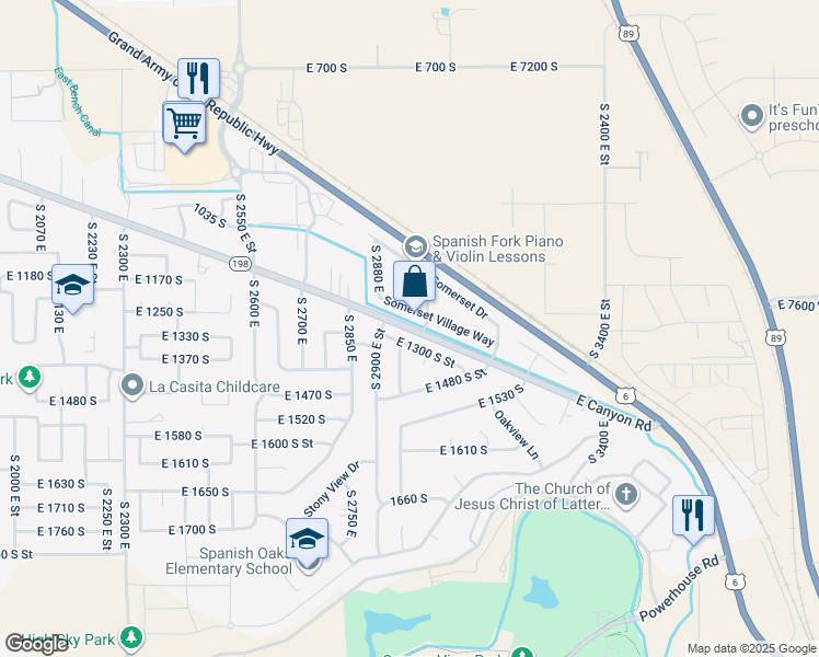map of restaurants, bars, coffee shops, grocery stores, and more near 2972 East Canyon Road in Spanish Fork
