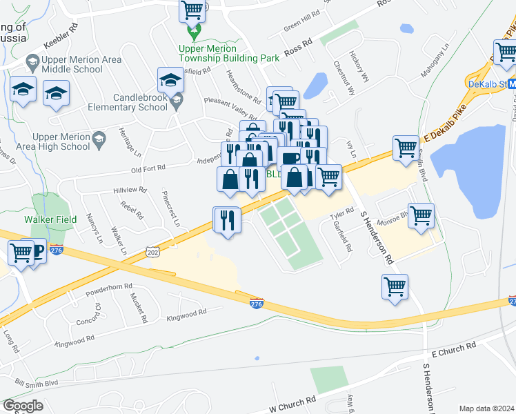 map of restaurants, bars, coffee shops, grocery stores, and more near 213 West Dekalb Pike in King of Prussia