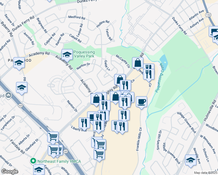 map of restaurants, bars, coffee shops, grocery stores, and more near 12712 Knights Road in Philadelphia