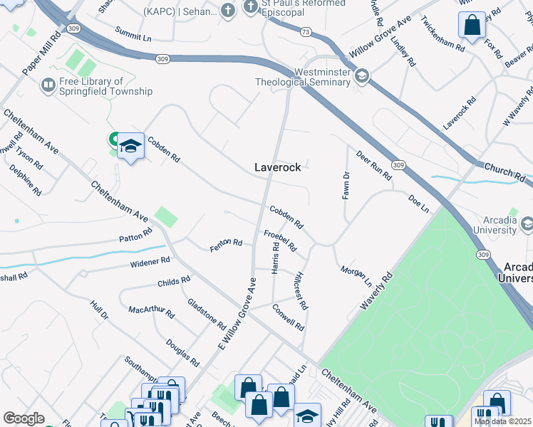 map of restaurants, bars, coffee shops, grocery stores, and more near 1660 East Willow Grove Avenue in Glenside