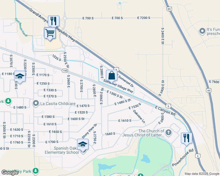 map of restaurants, bars, coffee shops, grocery stores, and more near 2968 East Canyon Road in Spanish Fork