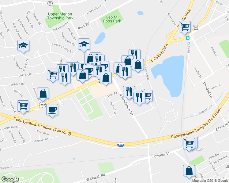 map of restaurants, bars, coffee shops, grocery stores, and more near 104 Tyler Road in King of Prussia