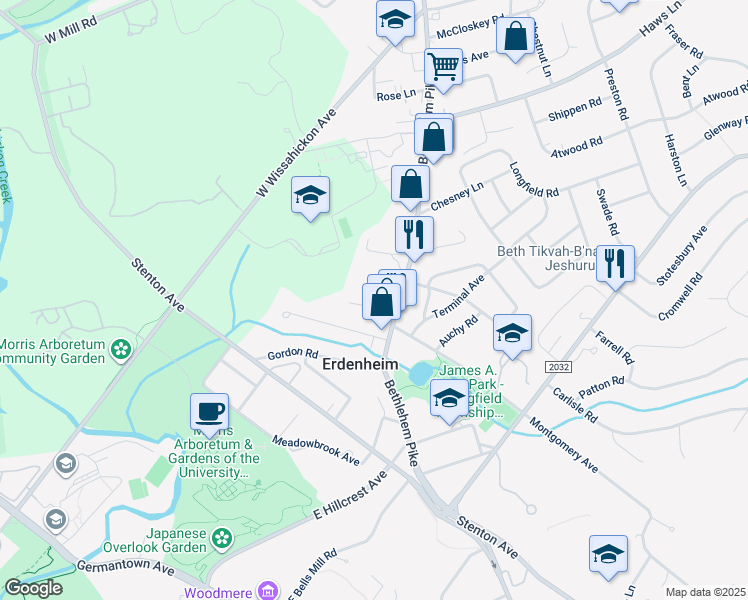 map of restaurants, bars, coffee shops, grocery stores, and more near 717 Bethlehem Pike in Erdenheim