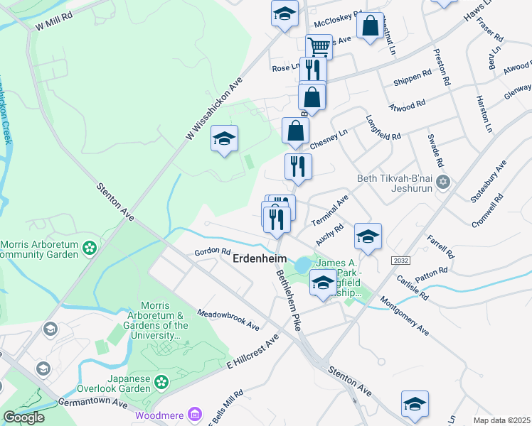 map of restaurants, bars, coffee shops, grocery stores, and more near 33 Windsor Road in Erdenheim