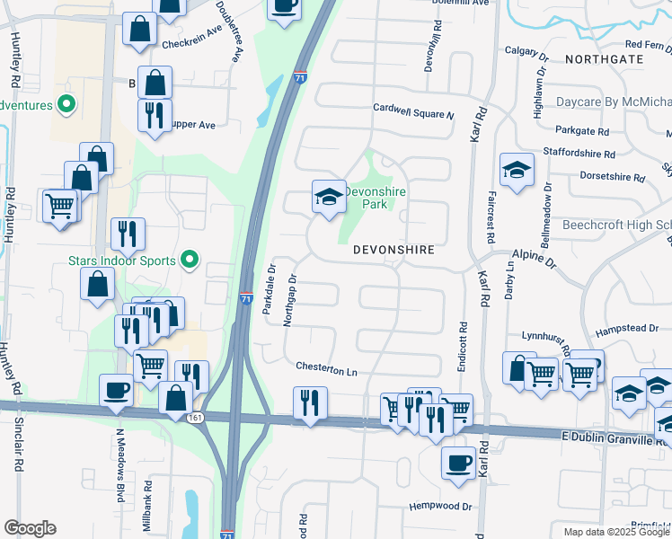 map of restaurants, bars, coffee shops, grocery stores, and more near 6210-6222 Ambleside Court in Columbus