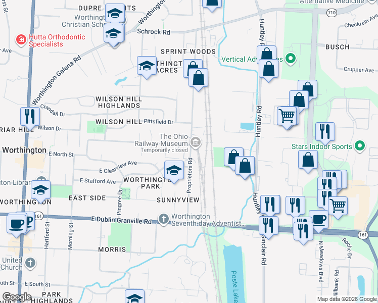 map of restaurants, bars, coffee shops, grocery stores, and more near 999 Proprietors Road in Columbus