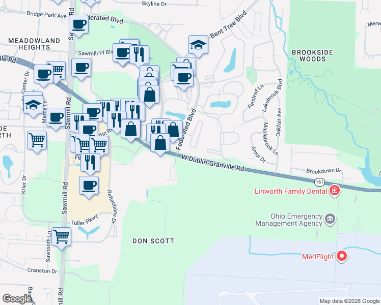 map of restaurants, bars, coffee shops, grocery stores, and more near 6797 Chateau Chase Drive in Columbus