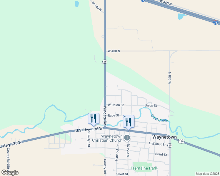 map of restaurants, bars, coffee shops, grocery stores, and more near 3726 Indiana 25 in Waynetown