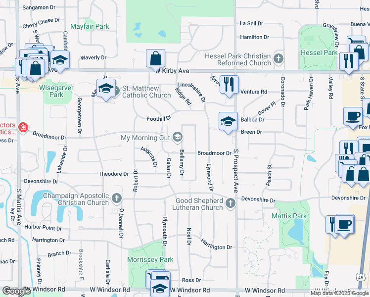 map of restaurants, bars, coffee shops, grocery stores, and more near 1807 Mc Donald Drive in Champaign