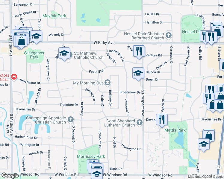 map of restaurants, bars, coffee shops, grocery stores, and more near 1807 Mc Donald Drive in Champaign