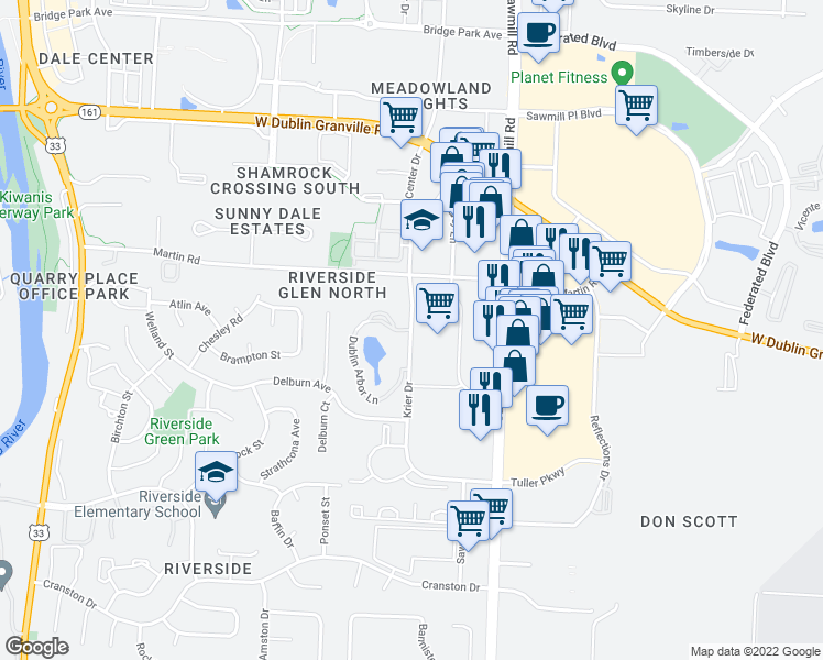 map of restaurants, bars, coffee shops, grocery stores, and more near Krier Drive & Green Arbor Lane in Dublin