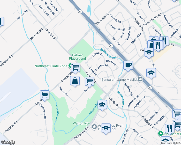 map of restaurants, bars, coffee shops, grocery stores, and more near 11706 Brandon Road in Philadelphia