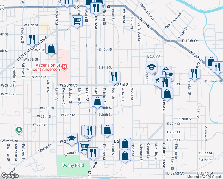 map of restaurants, bars, coffee shops, grocery stores, and more near 421 East 23rd Street in Anderson