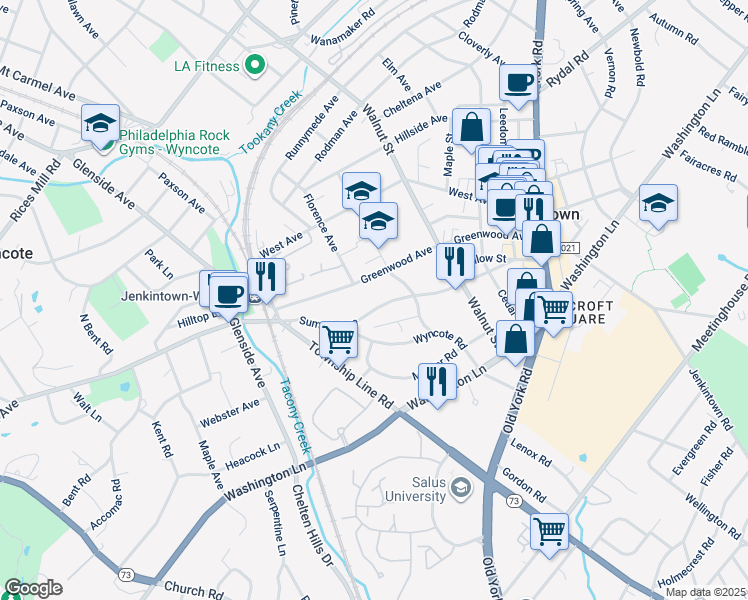 map of restaurants, bars, coffee shops, grocery stores, and more near 219 Summit Avenue in Jenkintown