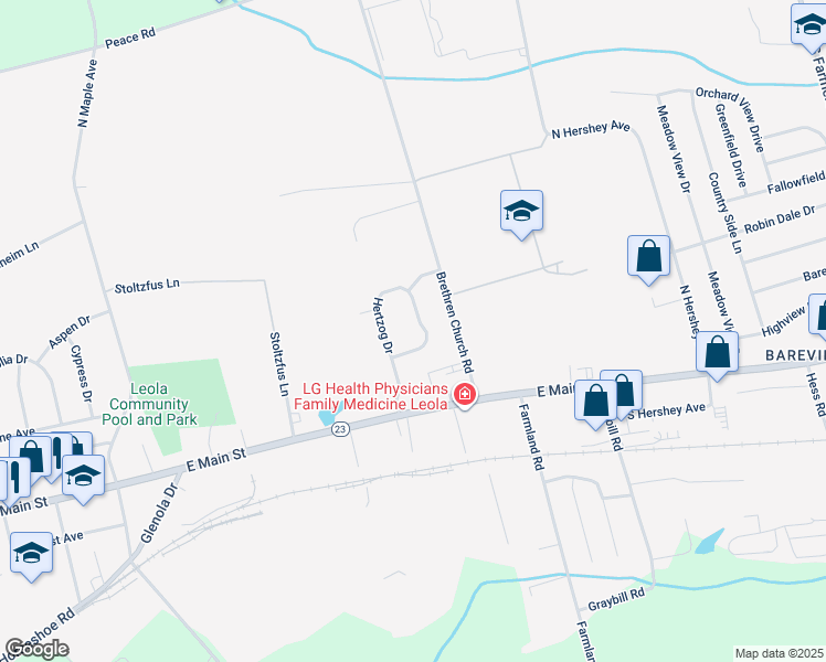 map of restaurants, bars, coffee shops, grocery stores, and more near 81 Hertzog Drive in Leola