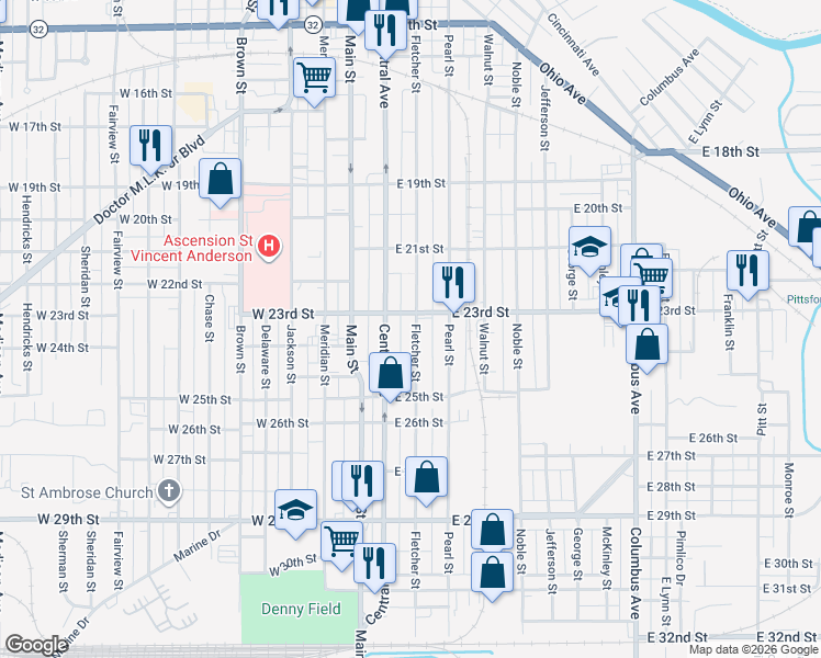 map of restaurants, bars, coffee shops, grocery stores, and more near 2226 Fletcher Street in Anderson