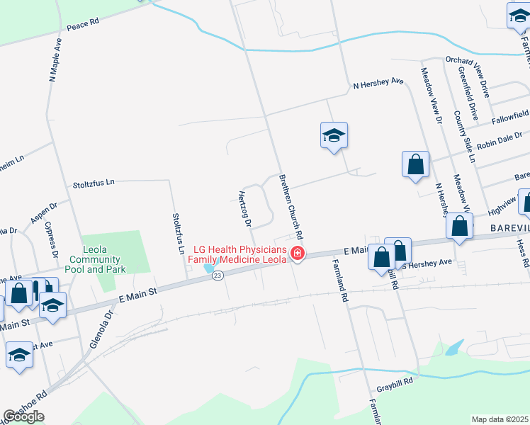 map of restaurants, bars, coffee shops, grocery stores, and more near 81 Hertzog Drive in Leola