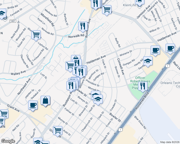 map of restaurants, bars, coffee shops, grocery stores, and more near 9801B President Street in Philadelphia
