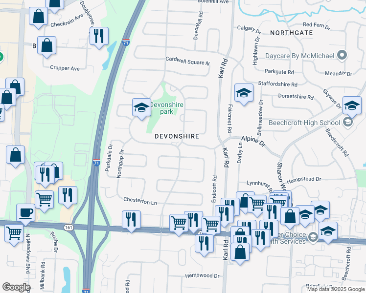map of restaurants, bars, coffee shops, grocery stores, and more near 6188 Sunderland Drive in Columbus