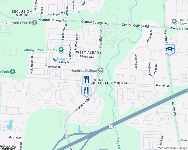 map of restaurants, bars, coffee shops, grocery stores, and more near 6227 Calebs Creek Way in Westerville