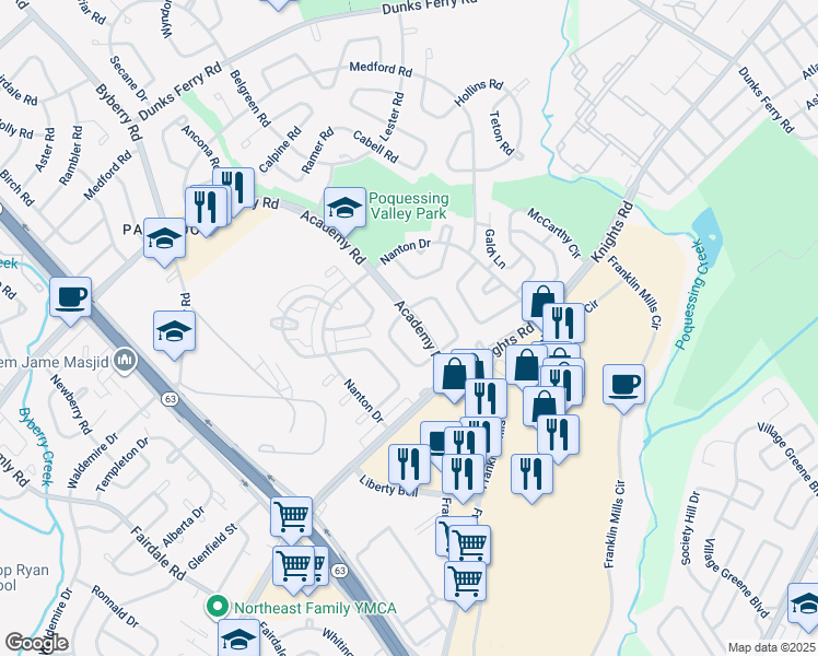 map of restaurants, bars, coffee shops, grocery stores, and more near 3702 Academy Road in Philadelphia