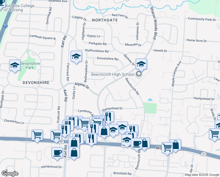 map of restaurants, bars, coffee shops, grocery stores, and more near 6153 Sharon Woods Boulevard in Columbus