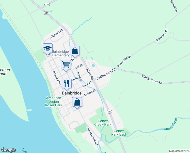 map of restaurants, bars, coffee shops, grocery stores, and more near 103 Skipjack Way in Bainbridge