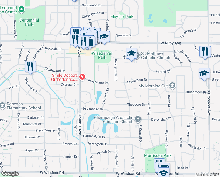 map of restaurants, bars, coffee shops, grocery stores, and more near 1505 Broadmoor Drive in Champaign
