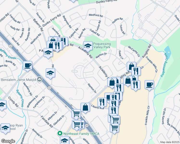 map of restaurants, bars, coffee shops, grocery stores, and more near Vader Road in Philadelphia