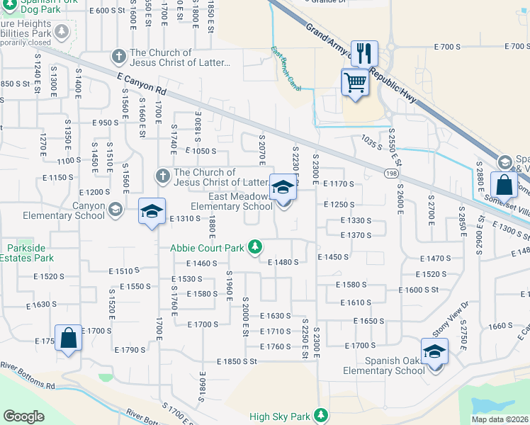 map of restaurants, bars, coffee shops, grocery stores, and more near 1247 South 2060 East in Spanish Fork