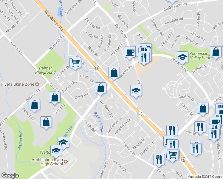 map of restaurants, bars, coffee shops, grocery stores, and more near 12037 Academy Road in Philadelphia