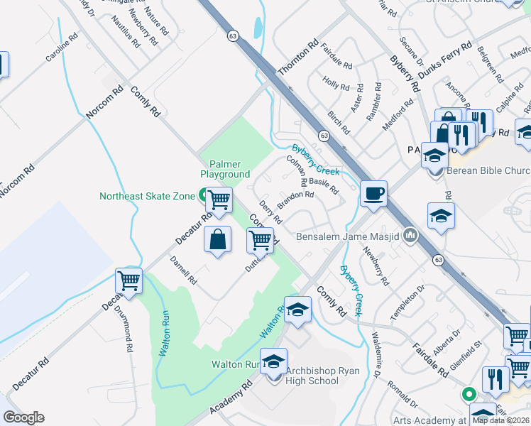map of restaurants, bars, coffee shops, grocery stores, and more near 11722 Brandon Road in Philadelphia