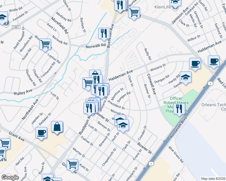map of restaurants, bars, coffee shops, grocery stores, and more near 9801B President Street in Philadelphia
