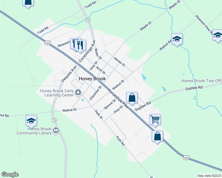 map of restaurants, bars, coffee shops, grocery stores, and more near 4331 Horseshoe Pike in Honey Brook