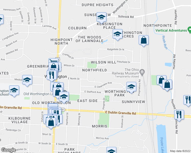 map of restaurants, bars, coffee shops, grocery stores, and more near 223 East North Street in Worthington