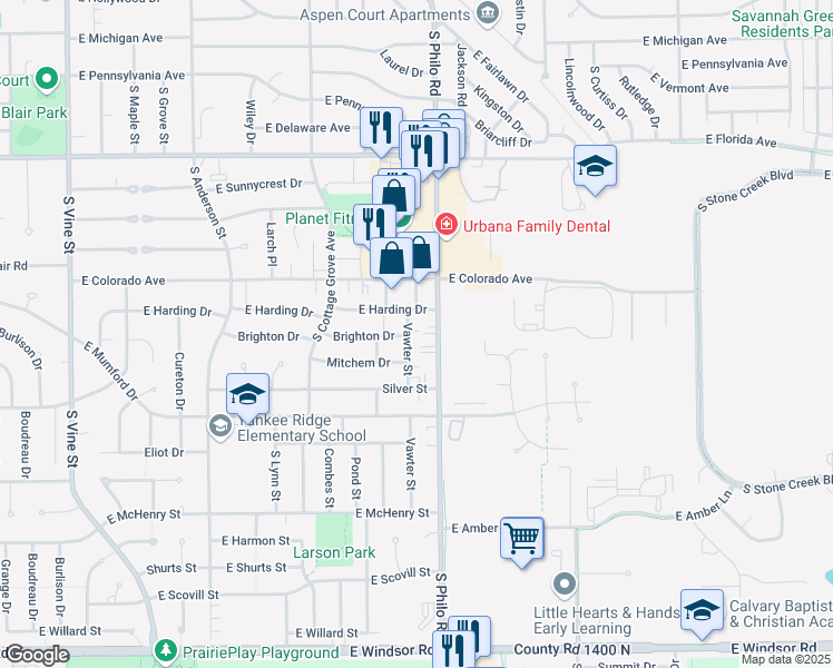 map of restaurants, bars, coffee shops, grocery stores, and more near 2001 Philo Road in Urbana
