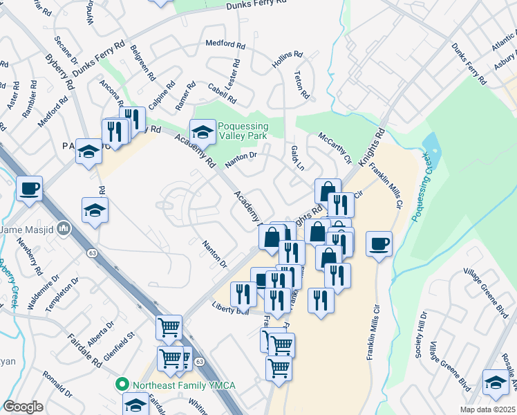 map of restaurants, bars, coffee shops, grocery stores, and more near 3717 Academy Road in Philadelphia