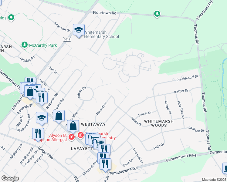 map of restaurants, bars, coffee shops, grocery stores, and more near 601 Bradley Place in Lafayette Hill