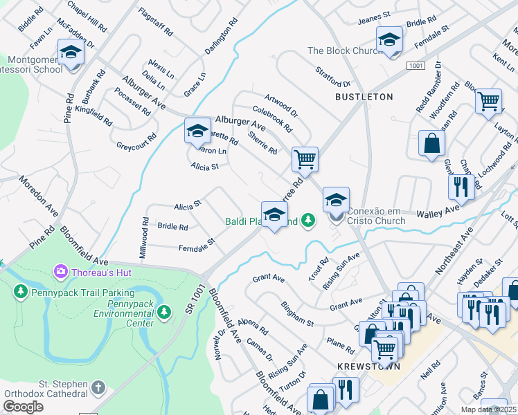 map of restaurants, bars, coffee shops, grocery stores, and more near 1 Dogwood Lane in Philadelphia