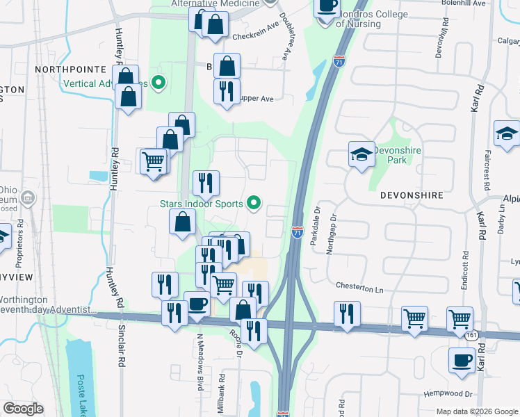 map of restaurants, bars, coffee shops, grocery stores, and more near 6124 Busch Boulevard in Columbus