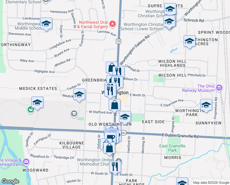 map of restaurants, bars, coffee shops, grocery stores, and more near in Worthington