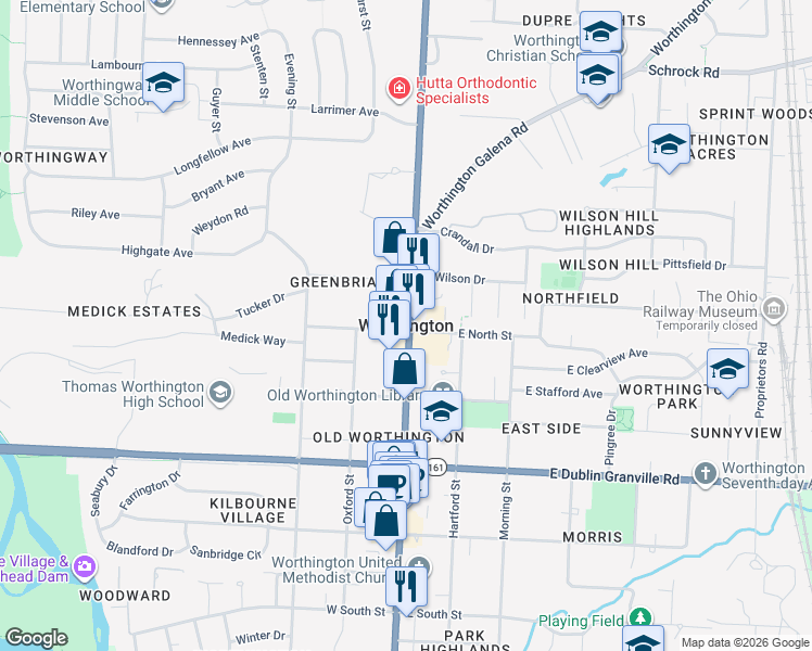 map of restaurants, bars, coffee shops, grocery stores, and more near in Worthington