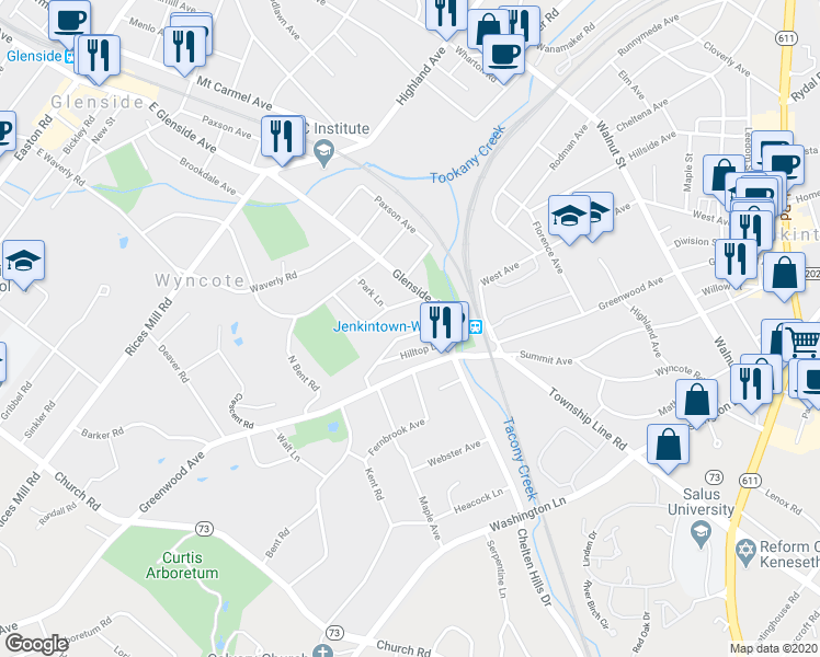 map of restaurants, bars, coffee shops, grocery stores, and more near 119 Woodland Road in Wyncote