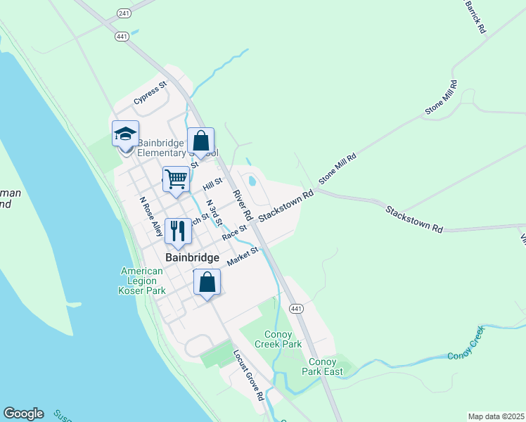map of restaurants, bars, coffee shops, grocery stores, and more near 103 Skipjack Way in Bainbridge