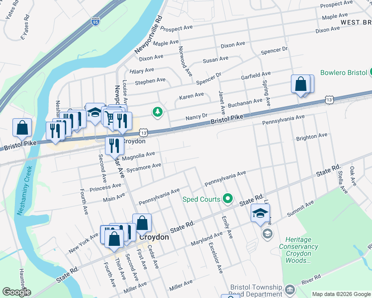 map of restaurants, bars, coffee shops, grocery stores, and more near 1300 Magnolia Avenue in Croydon