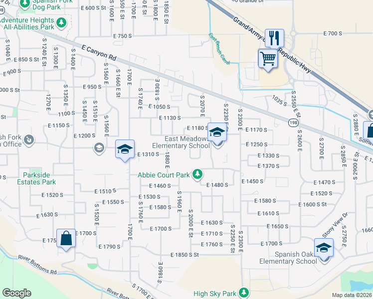 map of restaurants, bars, coffee shops, grocery stores, and more near 1282 South 2000 East Street in Spanish Fork